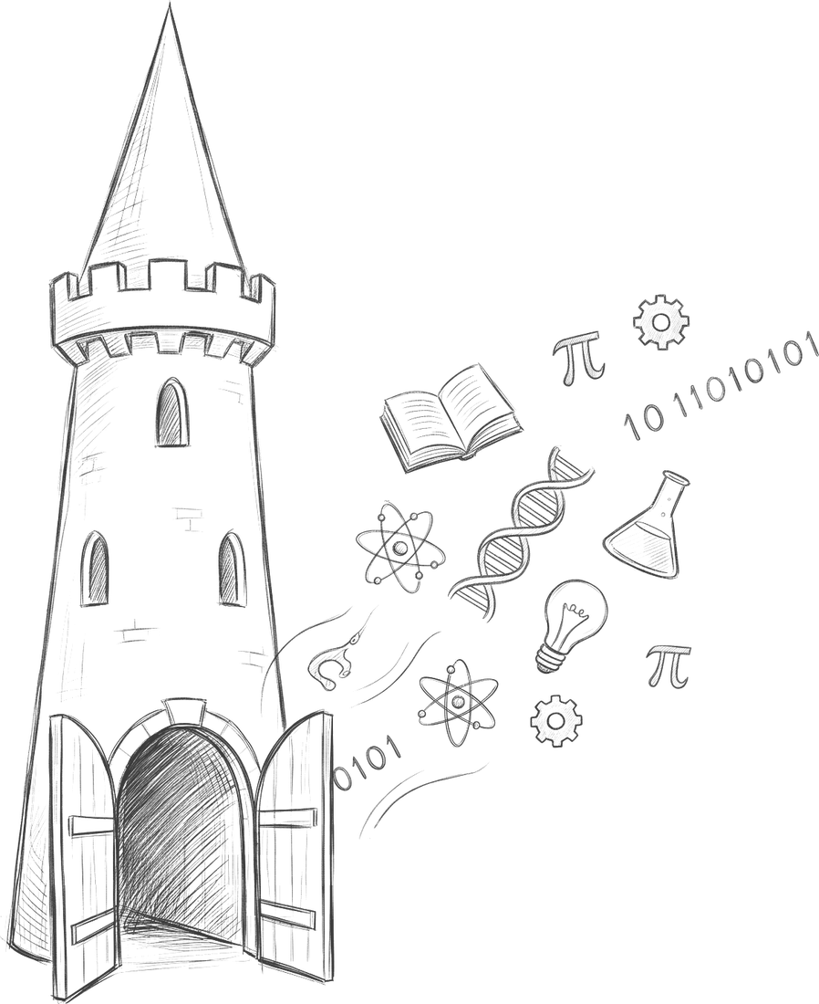 An ivory tower with its gate swung open, symbols of research spilling out